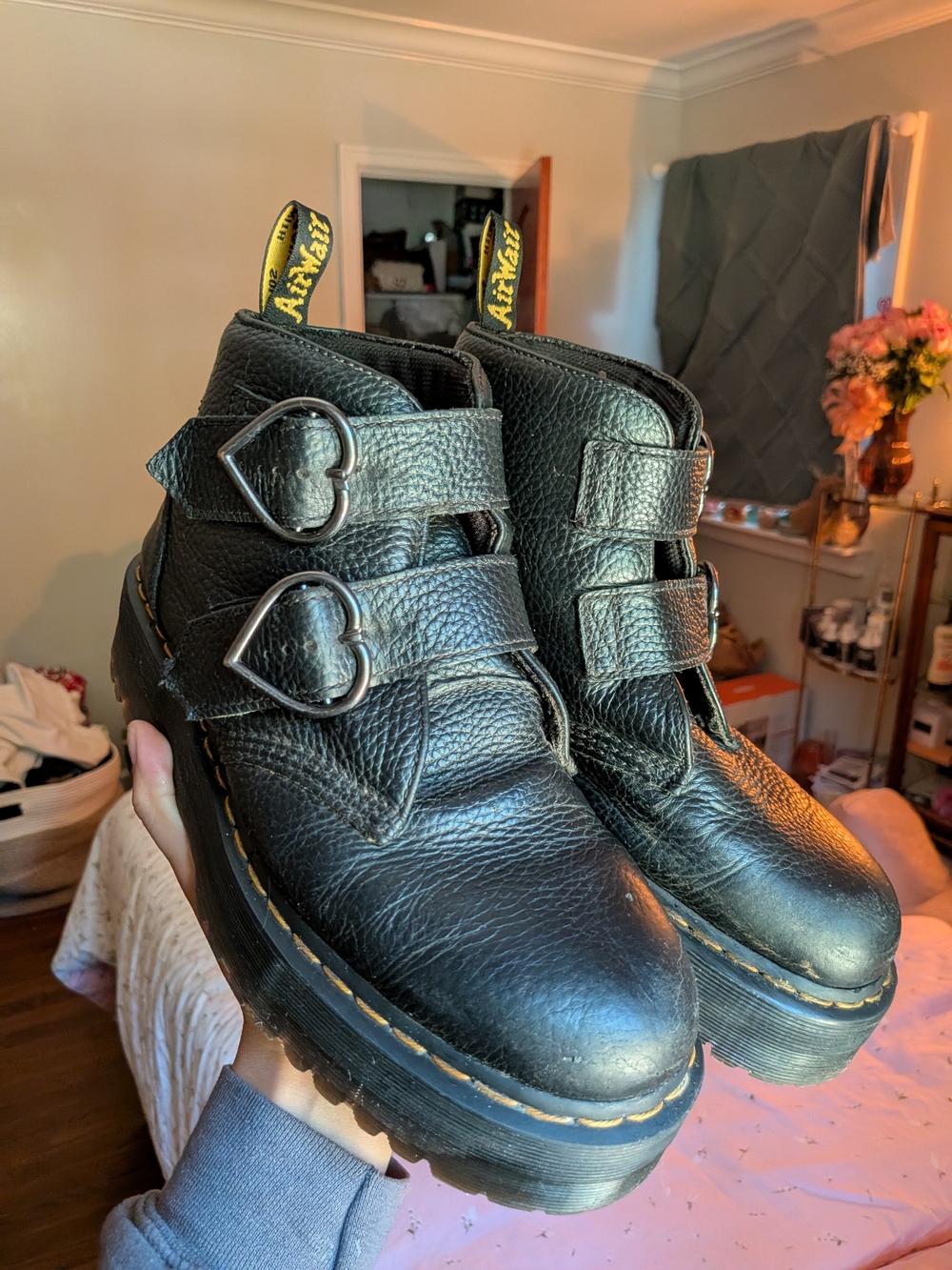 Dr. Martens Black Leather Devon Heart-Buckle Platform Ankle Boots